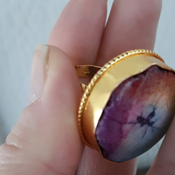 New Gold Plated Rainbow Solar Quartz Stamped Ring. - Picture 8 of 8